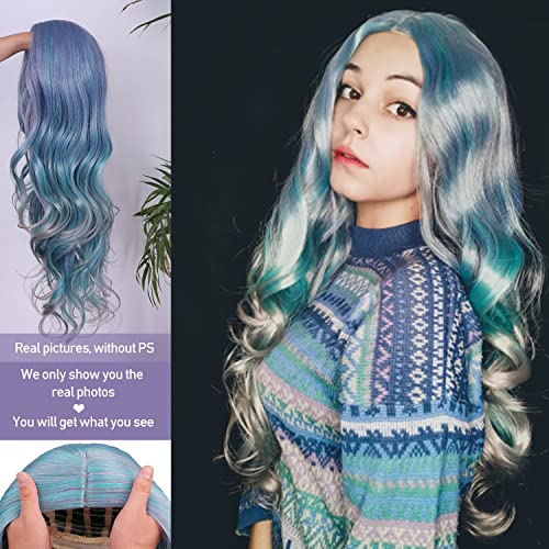 Fancy Hair duge plave valovite perike za žene Korlorna perika miješana Plava Zelena Siva Ljubičasta boja kosa srednji dio sintetička vlakna otporna na toplotu perike kosa za svakodnevnu upotrebu
