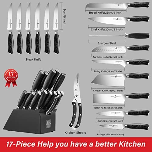 TUO 17kom Set noža sa blokom, Set kuhinjskih noževa, set blokova noževa sa Oštrilom za noževe, njemački HC Čelični ergonomski Pakkawood