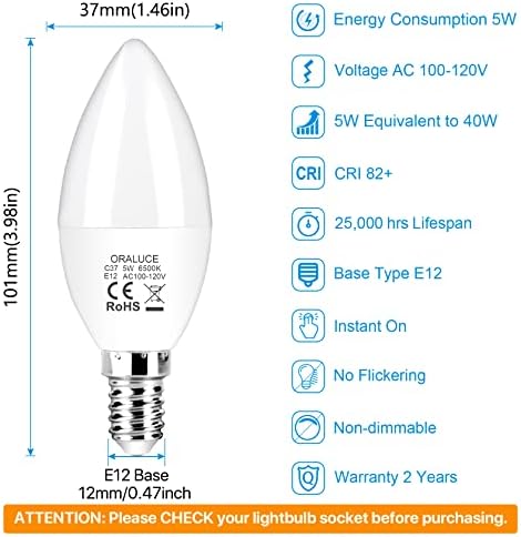 ORALUCE E12 LED sijalice sa Kandelabrom-ekvivalentno 40 vati, 6500k hladne bijele Lusterske sijalice koje se ne mogu zatamniti, sijalica