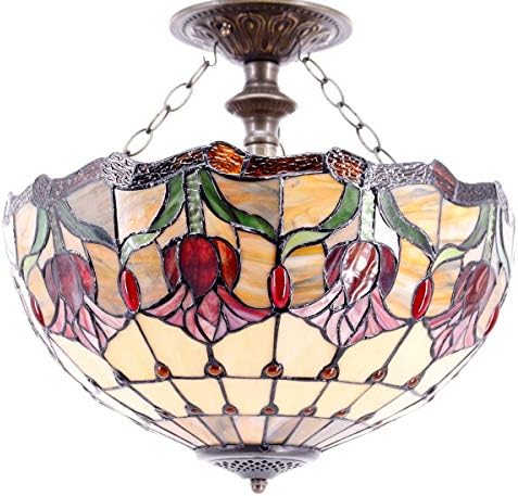 WERFACTORY Tiffany plafonska lampa crveni žuti tulipan vitraž polu Flush Mount lampa široka 16 inča visina 15 inča Tiffany plafonska