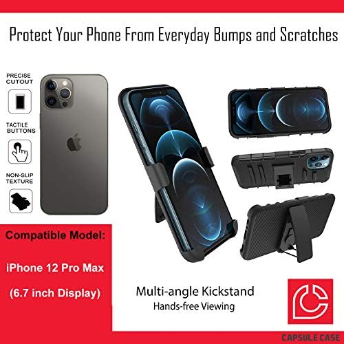 Ohiya Case kompatibilan sa iPhone 12 Pro Max [Vojni razred zaštićene u šok otporni na teške dužnosti Chickstand Holster zaštitni crni futrola] za iPhone 12 Pro max 6,7 inčni