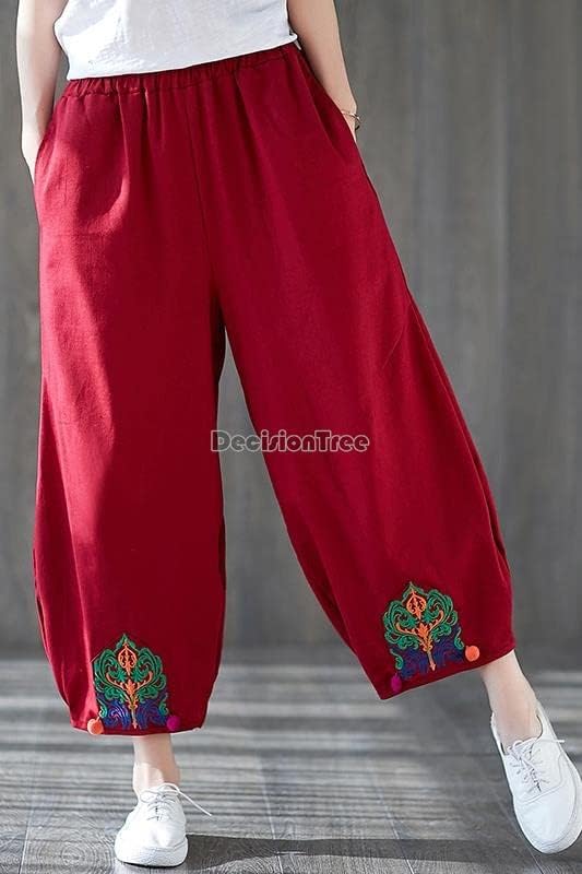 Kineske žene izvezene visoko struk pamučne posteljine casual pantalone široke noge retro pantalone Nacionalni stil cvjetovi cvjetovi3